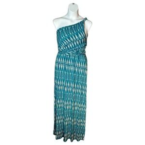 TART Collection One Shoulder Maxi Dress Teal White Abstract Print Size M